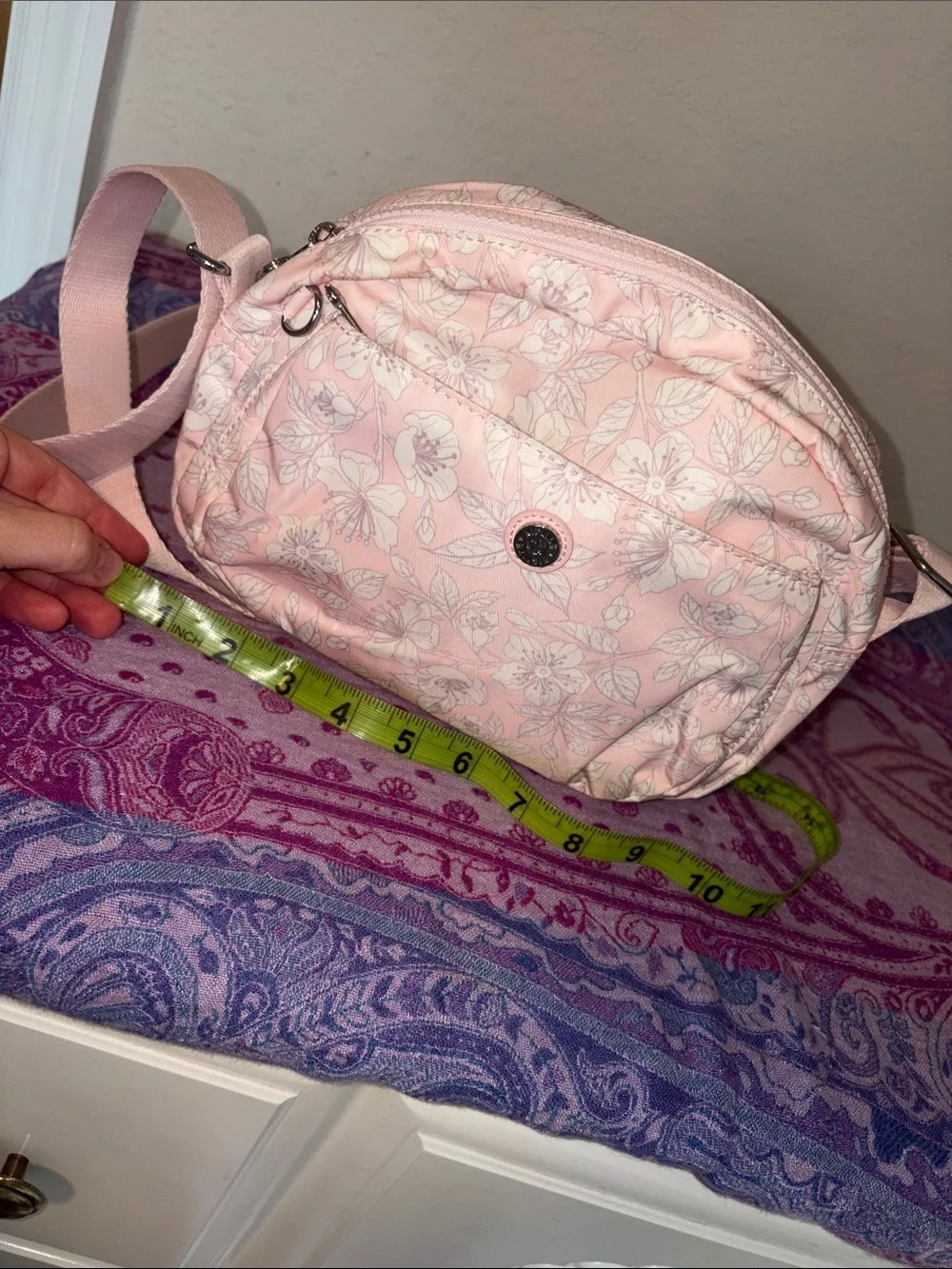 Kipling pink sakura print crossbody with out monkey charm